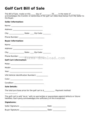 Fillable Golf Cart Bill of Sale Form
