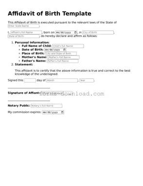 Fillable Affidavit of Birth Form