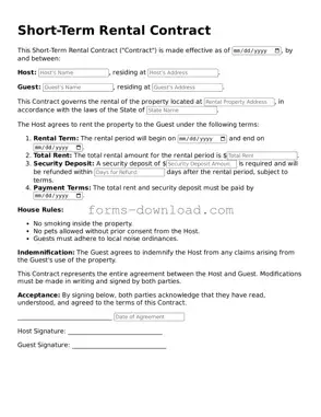 Fillable Short-Term Rental Contract Form