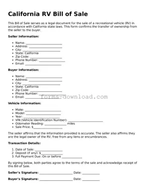 Attorney-Approved RV Bill of Sale Document for the State of California