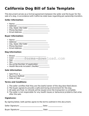 Attorney-Approved Dog Bill of Sale Document for the State of California