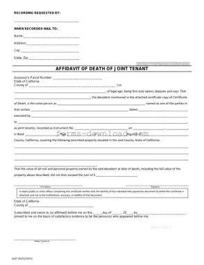 Blank California Death of a Joint Tenant Affidavit Form