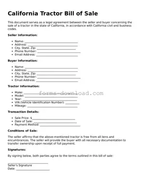 Attorney-Approved Tractor Bill of Sale Document for the State of California