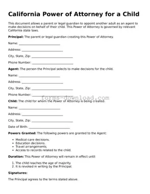 Attorney-Approved Power of Attorney for a Child Document for the State of California