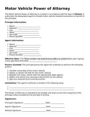 Fillable Motor Vehicle Power of Attorney Form