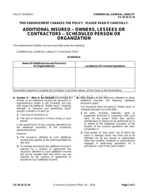 Blank Cg 20 10 07 04 Liability Endorsement Form