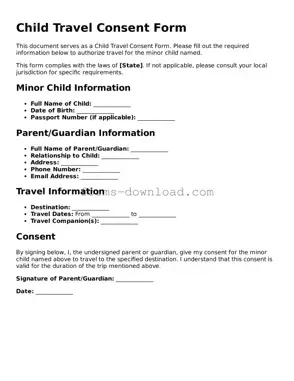Fillable Child Travel Consent Form Form