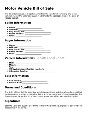 Fillable Motor Vehicle Bill of Sale Form