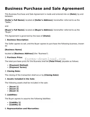 Fillable Business Purchase and Sale Agreement Form