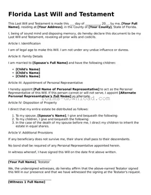 Attorney-Approved Last Will and Testament Document for the State of Florida