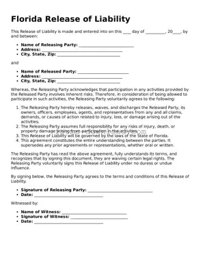 Attorney-Approved Release of Liability Document for the State of Florida