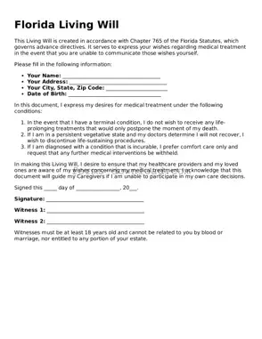 Attorney-Approved Living Will Document for the State of Florida