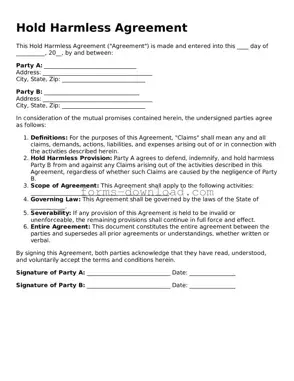 Fillable Hold Harmless Agreement Form