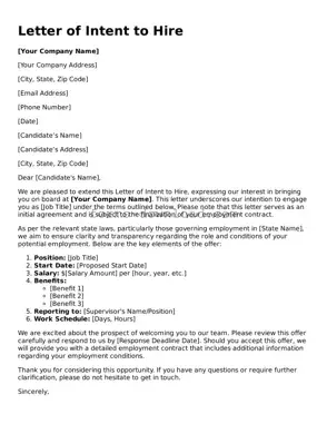 Fillable Letter of Intent to Hire Form