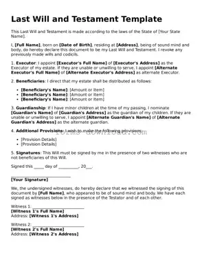 Fillable Last Will and Testament Form