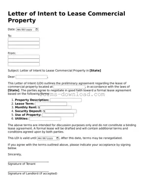 Fillable Letter of Intent to Lease Commercial Property Form