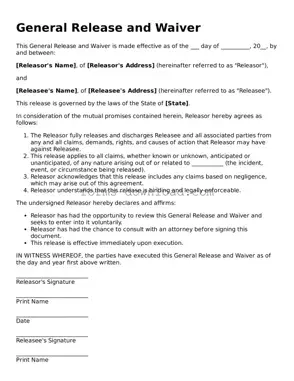 Fillable General Release and Waiver Form