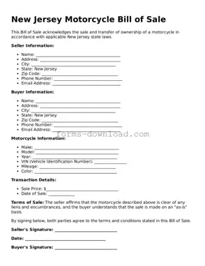Attorney-Approved Motorcycle Bill of Sale Document for the State of New Jersey