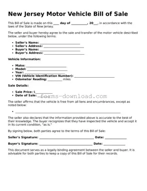Attorney-Approved Motor Vehicle Bill of Sale Document for the State of New Jersey