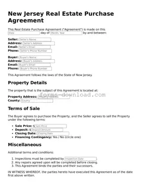 Attorney-Approved Real Estate Purchase Agreement Document for the State of New Jersey