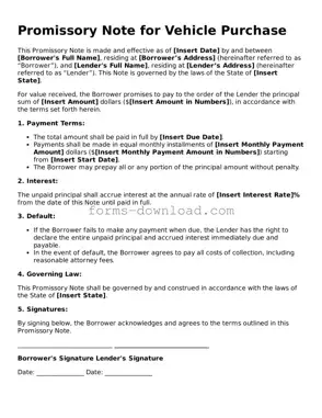 Fillable Promissory Note for a Car Form