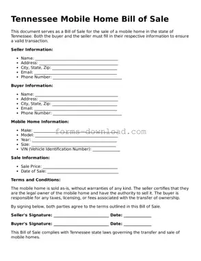 Attorney-Approved Mobile Home Bill of Sale Document for the State of Tennessee