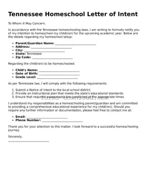 Attorney-Approved Homeschool Letter of Intent Document for the State of Tennessee