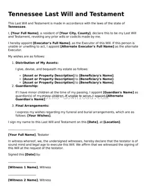 Attorney-Approved Last Will and Testament Document for the State of Tennessee