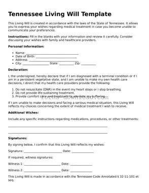 Attorney-Approved Living Will Document for the State of Tennessee