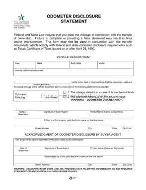 Blank Texas Odometer Statement Form