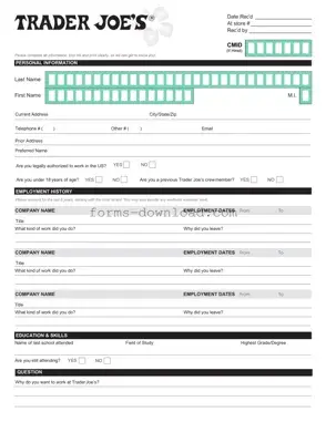 Blank Trader Joe's application Form