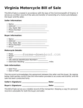 Attorney-Approved Motorcycle Bill of Sale Document for the State of Virginia