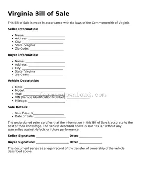 Attorney-Approved Bill of Sale Document for the State of Virginia