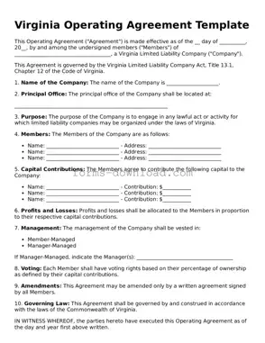 Attorney-Approved Operating Agreement Document for the State of Virginia