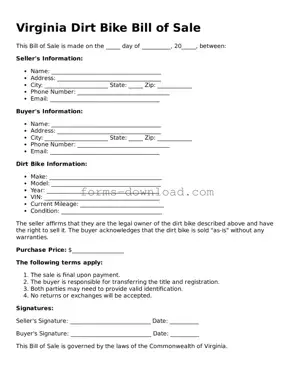 Attorney-Approved Dirt Bike Bill of Sale Document for the State of Virginia
