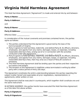 Attorney-Approved Hold Harmless Agreement Document for the State of Virginia