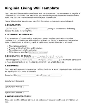 Attorney-Approved Living Will Document for the State of Virginia