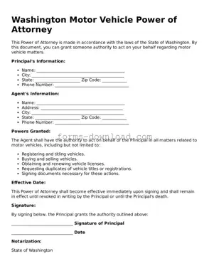 Attorney-Approved Motor Vehicle Power of Attorney Document for the State of Washington