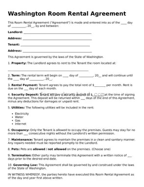 Attorney-Approved Room Rental Agreement Document for the State of Washington