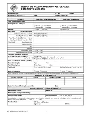 Blank Welder Performance Qualification Record Form