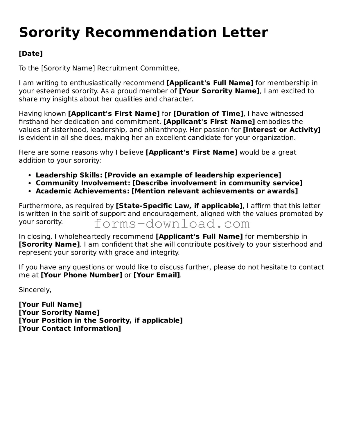 Fillable Sorority Recommendation Letter Form