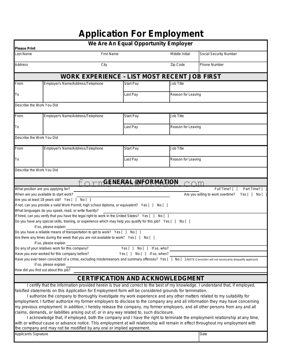 Blank Spanish Application Employment Form
