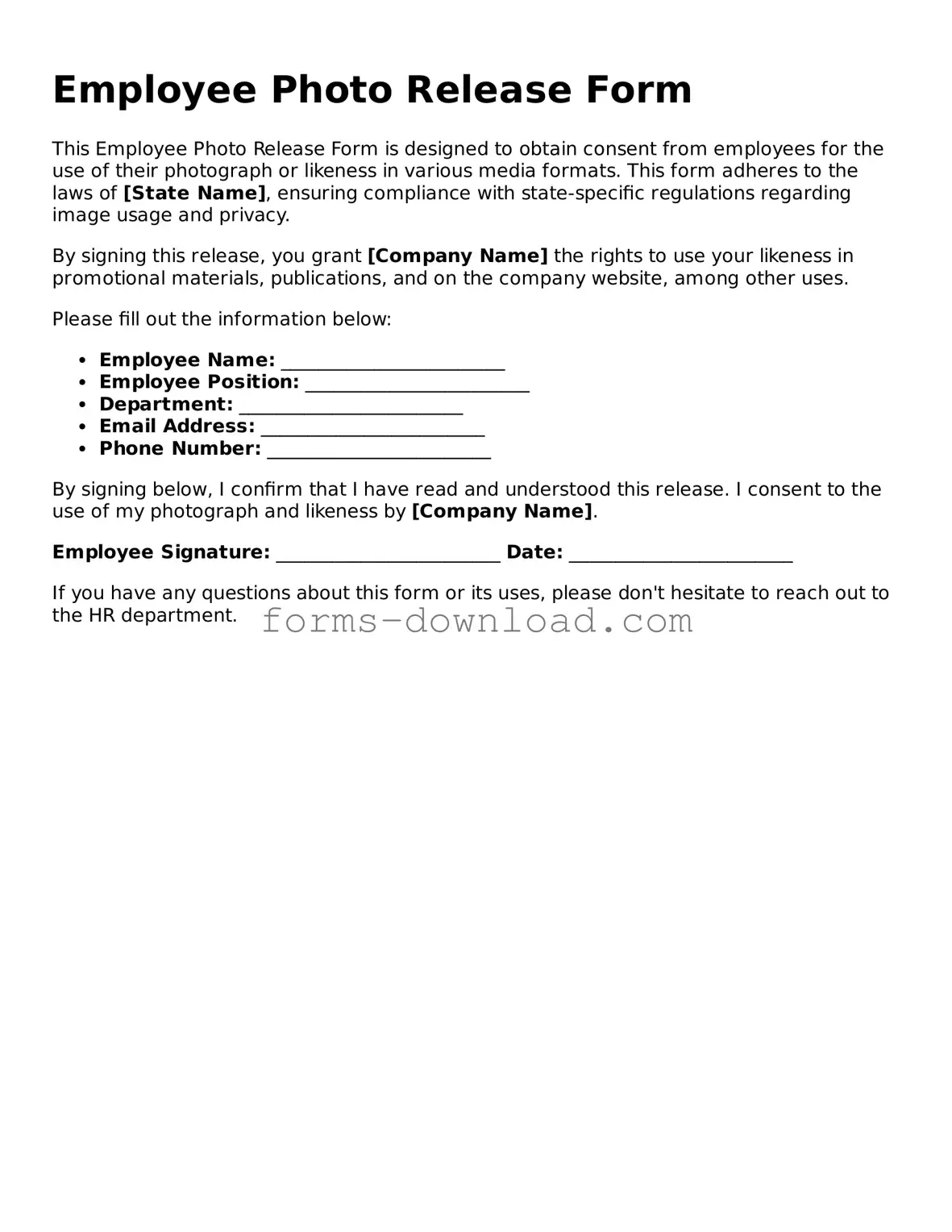 Fillable Employee Photo Release Form