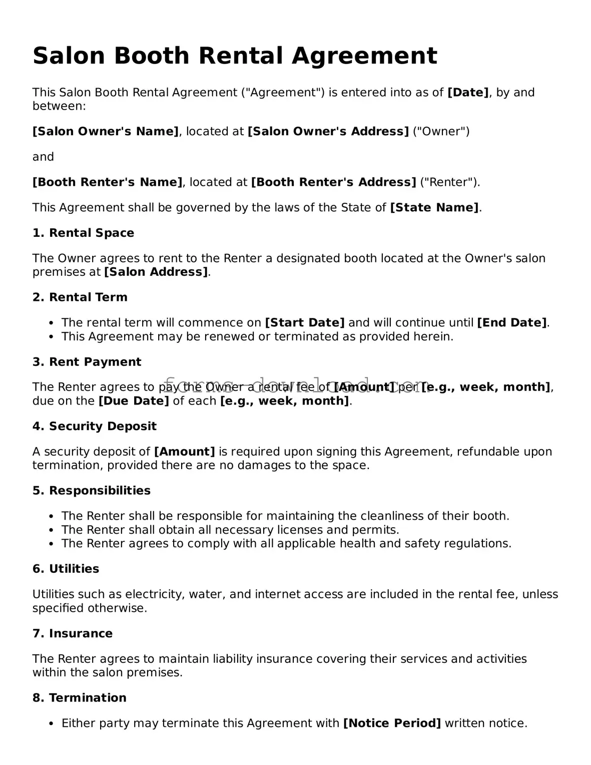 Fillable Salon Booth Rental Agreement Form