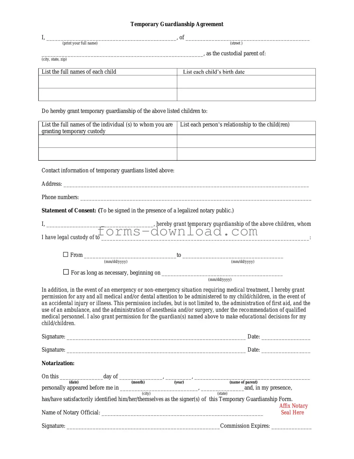 Blank Temporary Custody Form