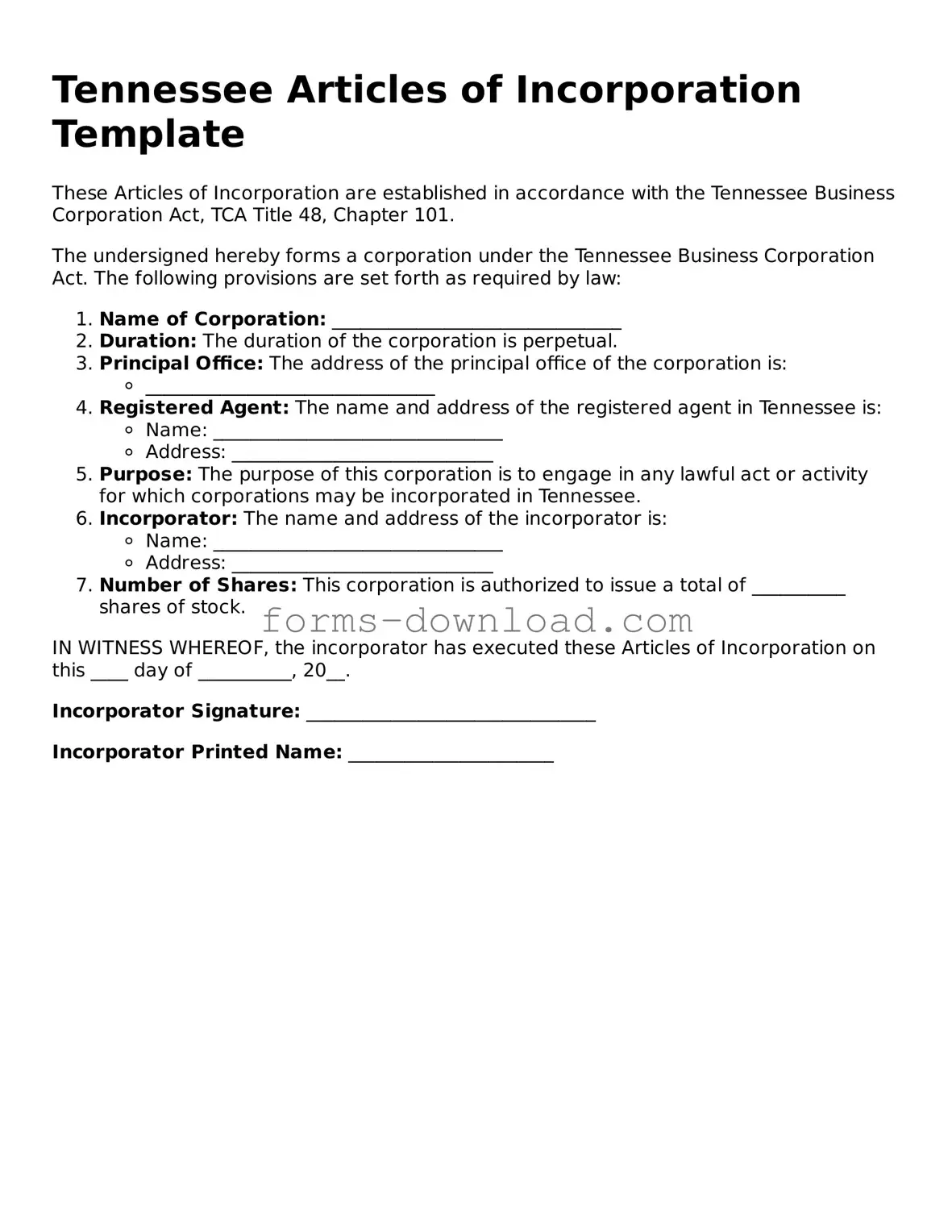 Attorney-Approved Articles of Incorporation Document for the State of Tennessee