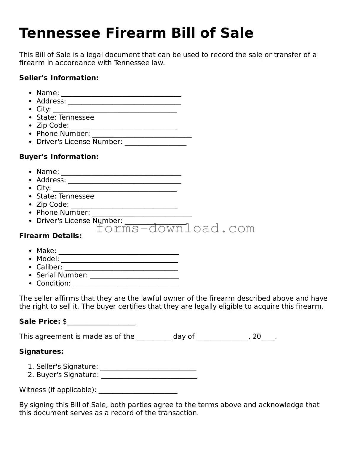 Attorney-Approved Firearm Bill of Sale Document for the State of Tennessee