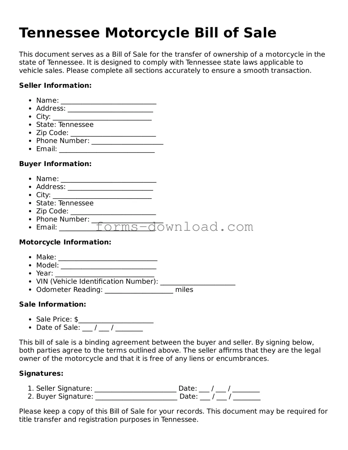 Attorney-Approved Motorcycle Bill of Sale Document for the State of Tennessee