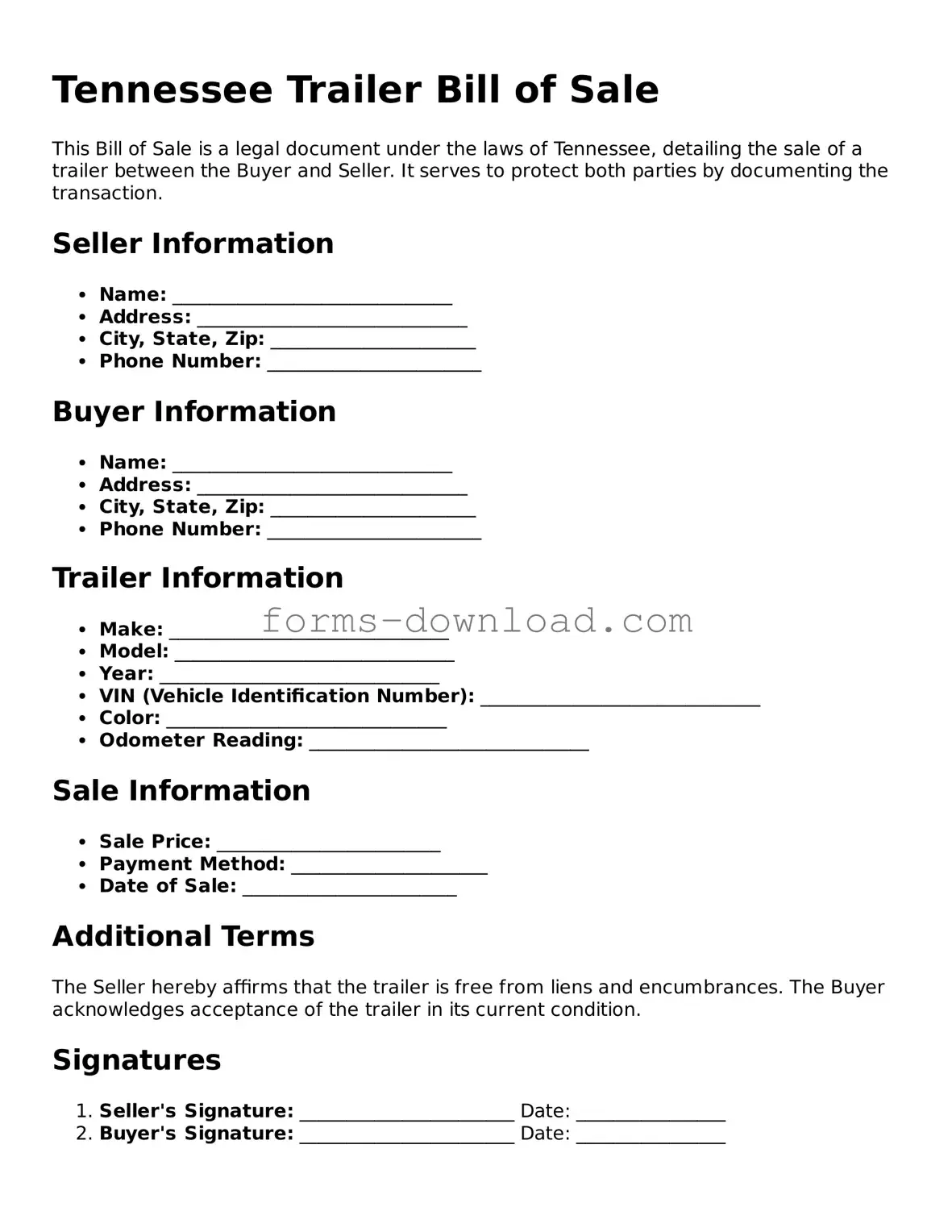 Attorney-Approved Trailer Bill of Sale Document for the State of Tennessee