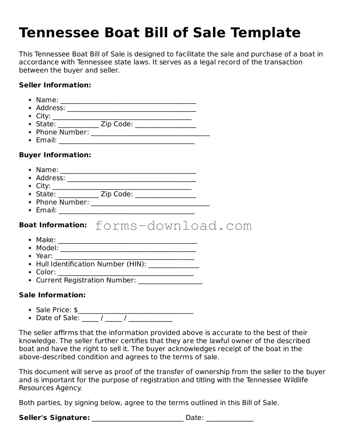 Attorney-Approved Boat Bill of Sale Document for the State of Tennessee